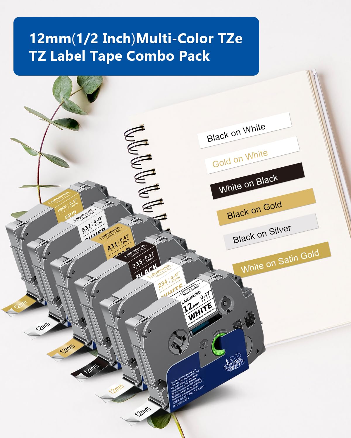 Labelwell 6-Pack Compatible TZe Label Tape 12mm 0.47 Inch Laminated Multi-Color TZ TZe-231 234 335