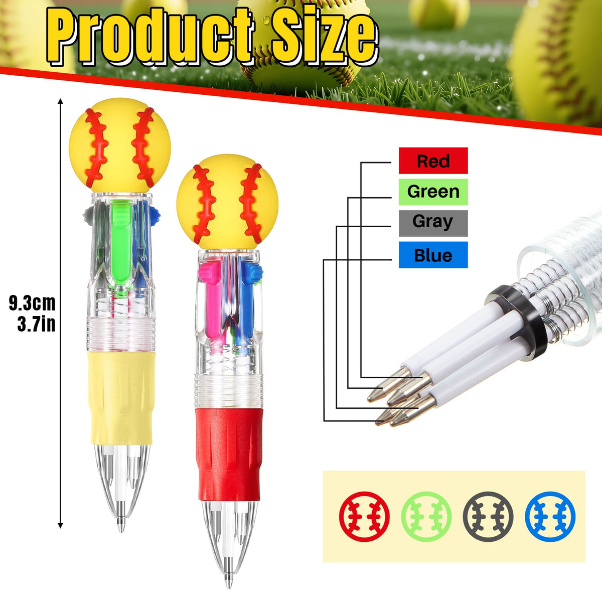 Kosiz 48 Pack Softball Party Favors Multicolor 4 in 1 0.5mm Ballpoint Pen