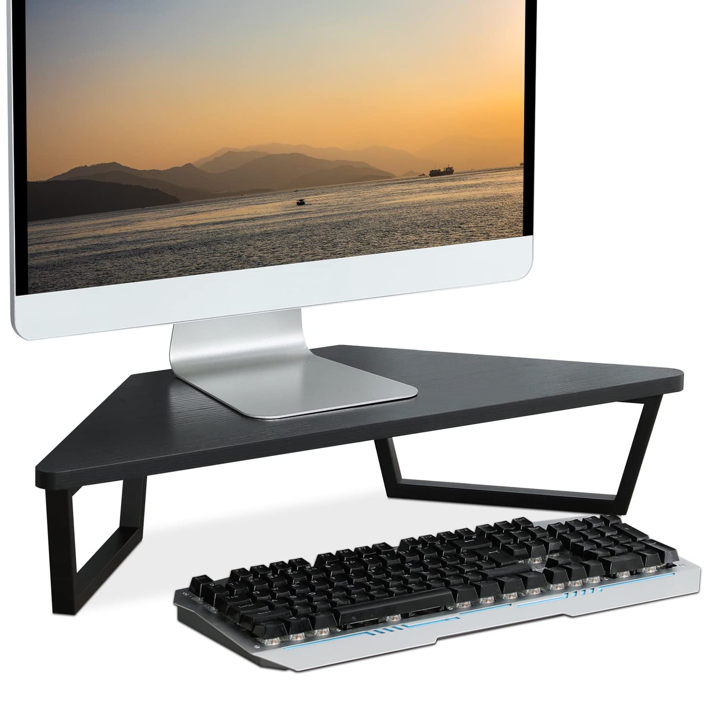 TEAMIX 26 inch Corner Monitor Stand Riser with Keyboard Storage, Black