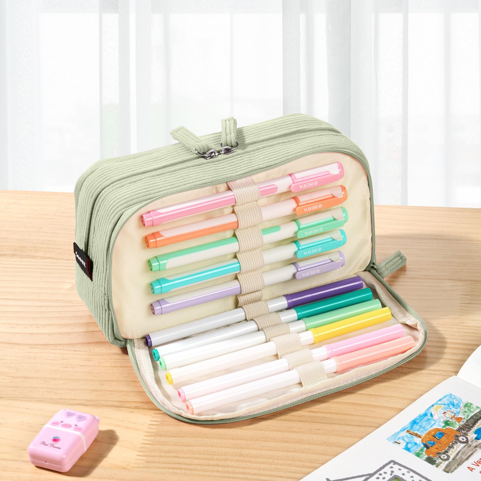 Sooez Big Capacity Pencil Case Pen Pouch, Soft Corduroy Pencil Bag