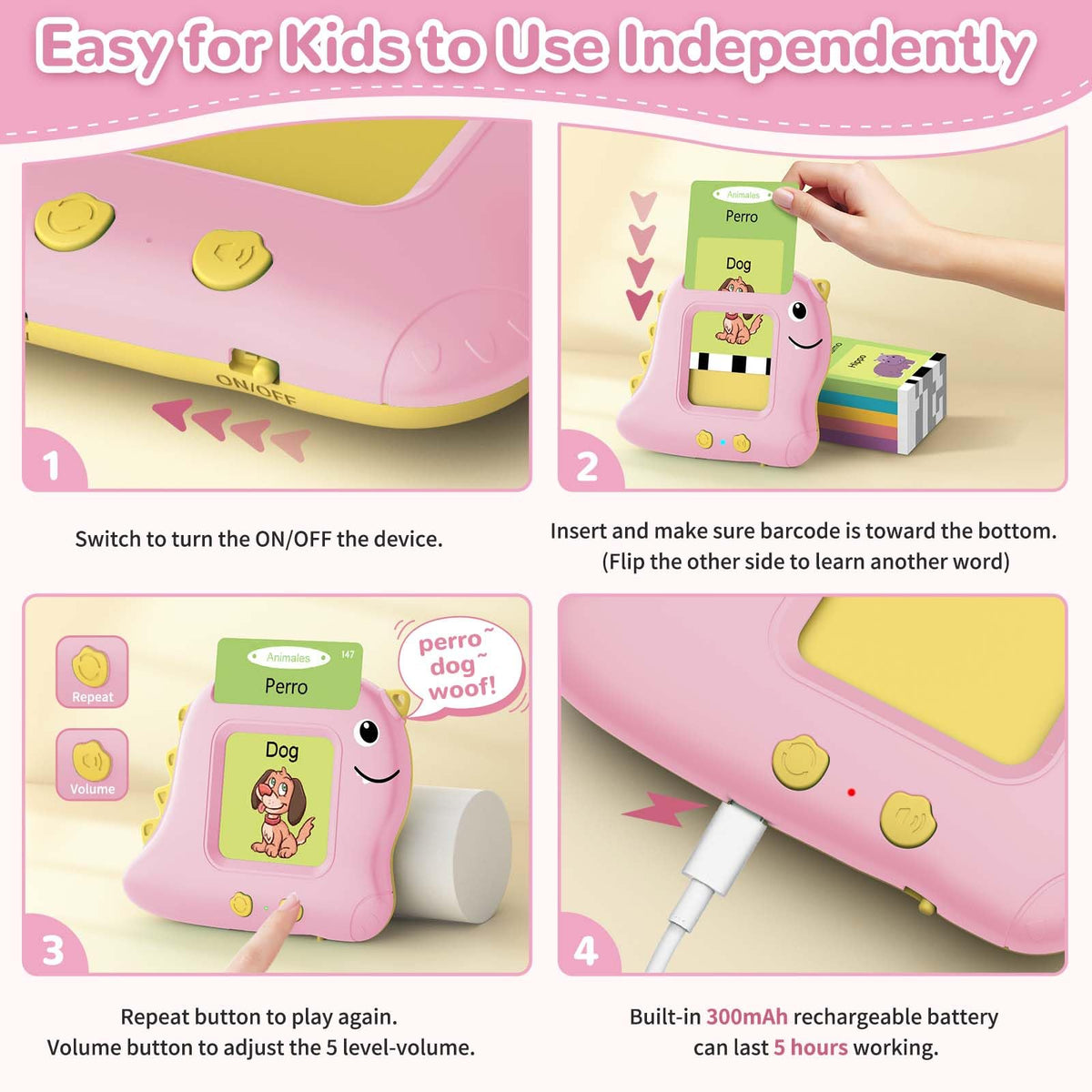 Alotwan Spanish Talking Flash Cards, Bilingual Español & English (Pink)