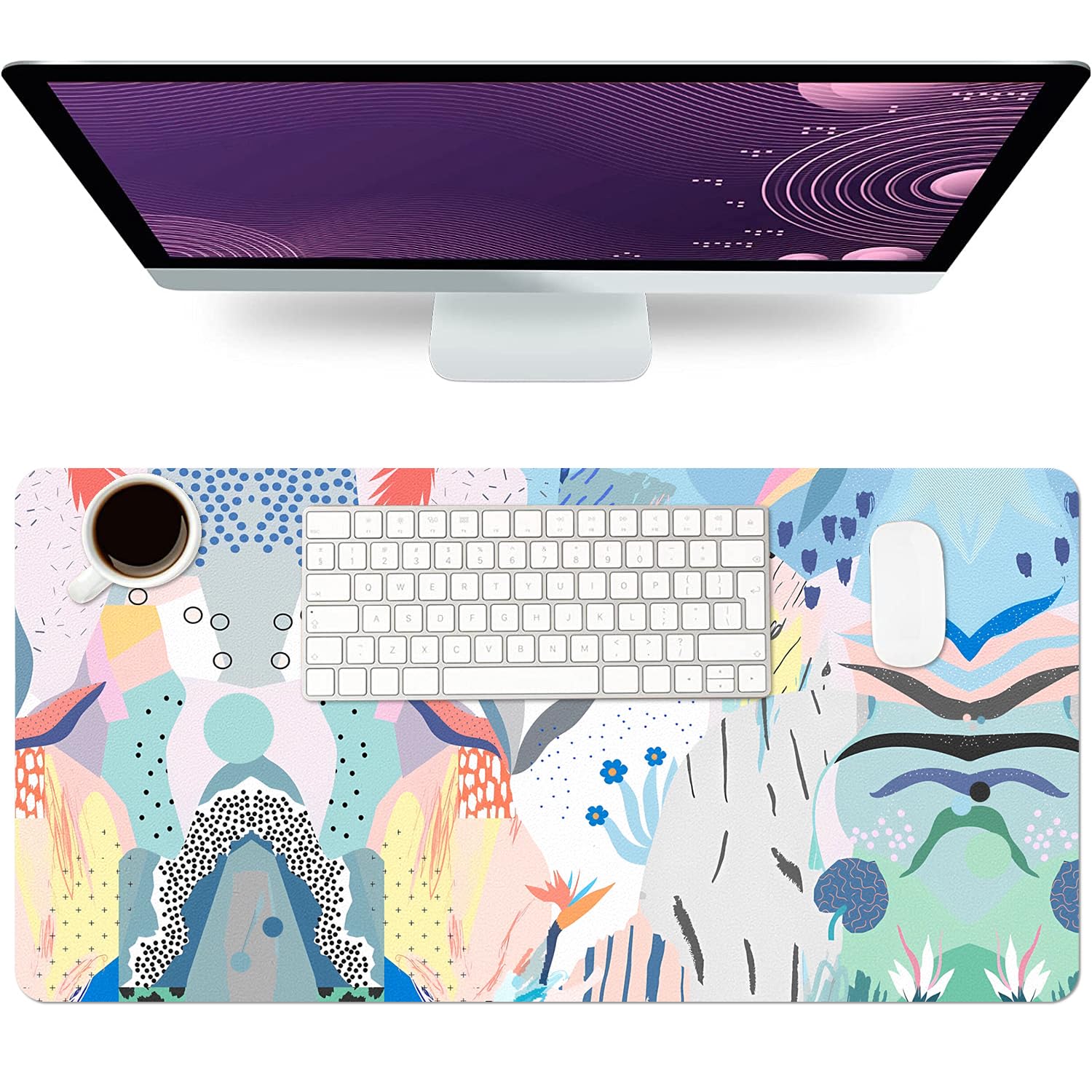 Floral Desk Mat, Non-Slip PU Leather Desk Pad, Blue Flower 27.5"x13.8"