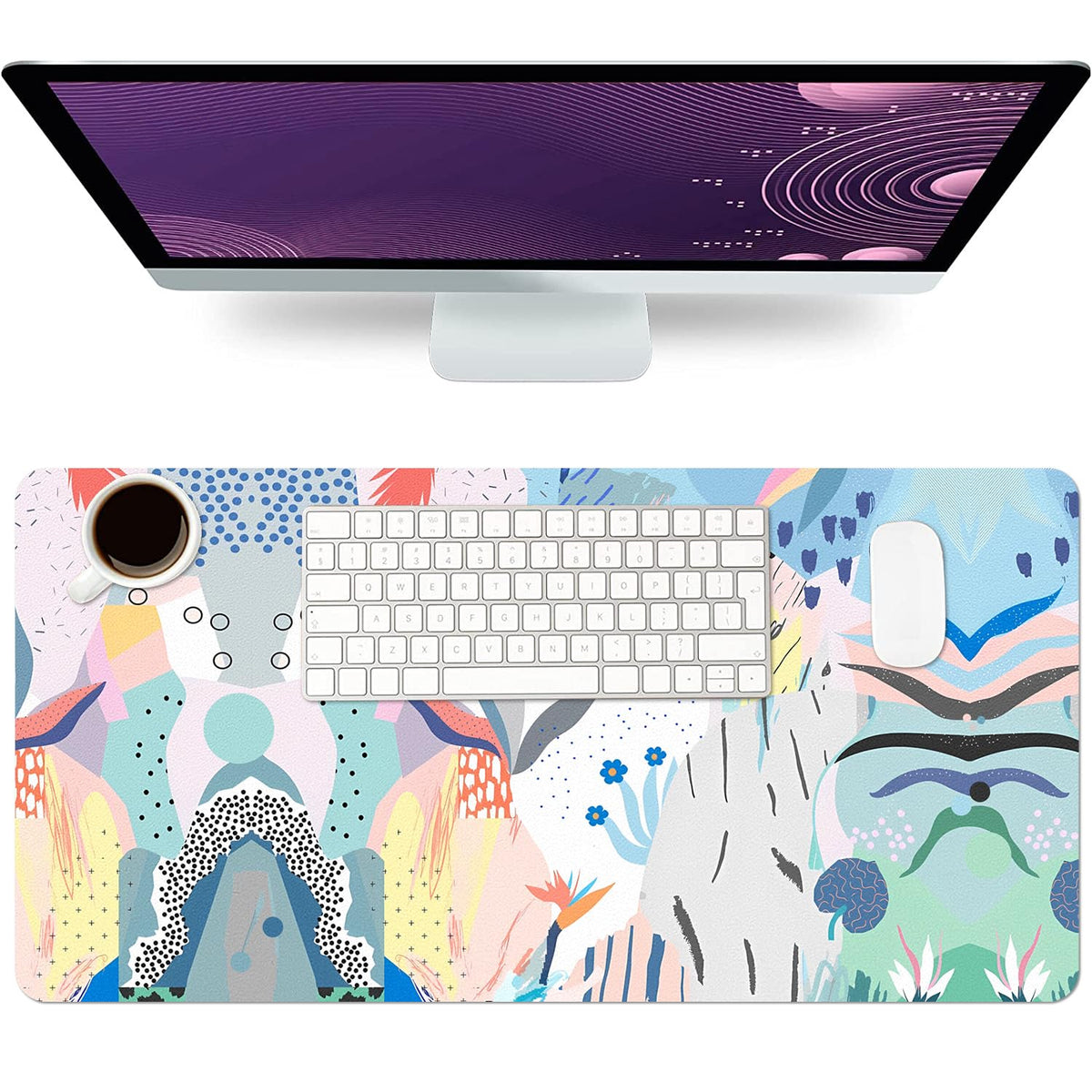 Floral Desk Mat, Large PU Leather Desk Pad, Blue Flower 31.5"x15.7"