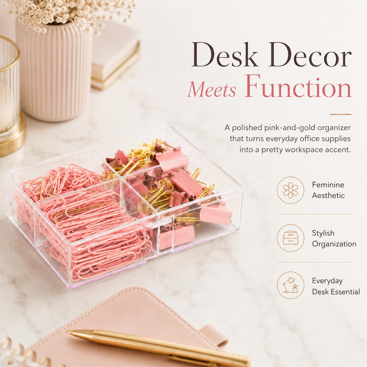 Creechwa Paper Clips and Binder Clips Set, Pink & Gold, Assorted Size Clips