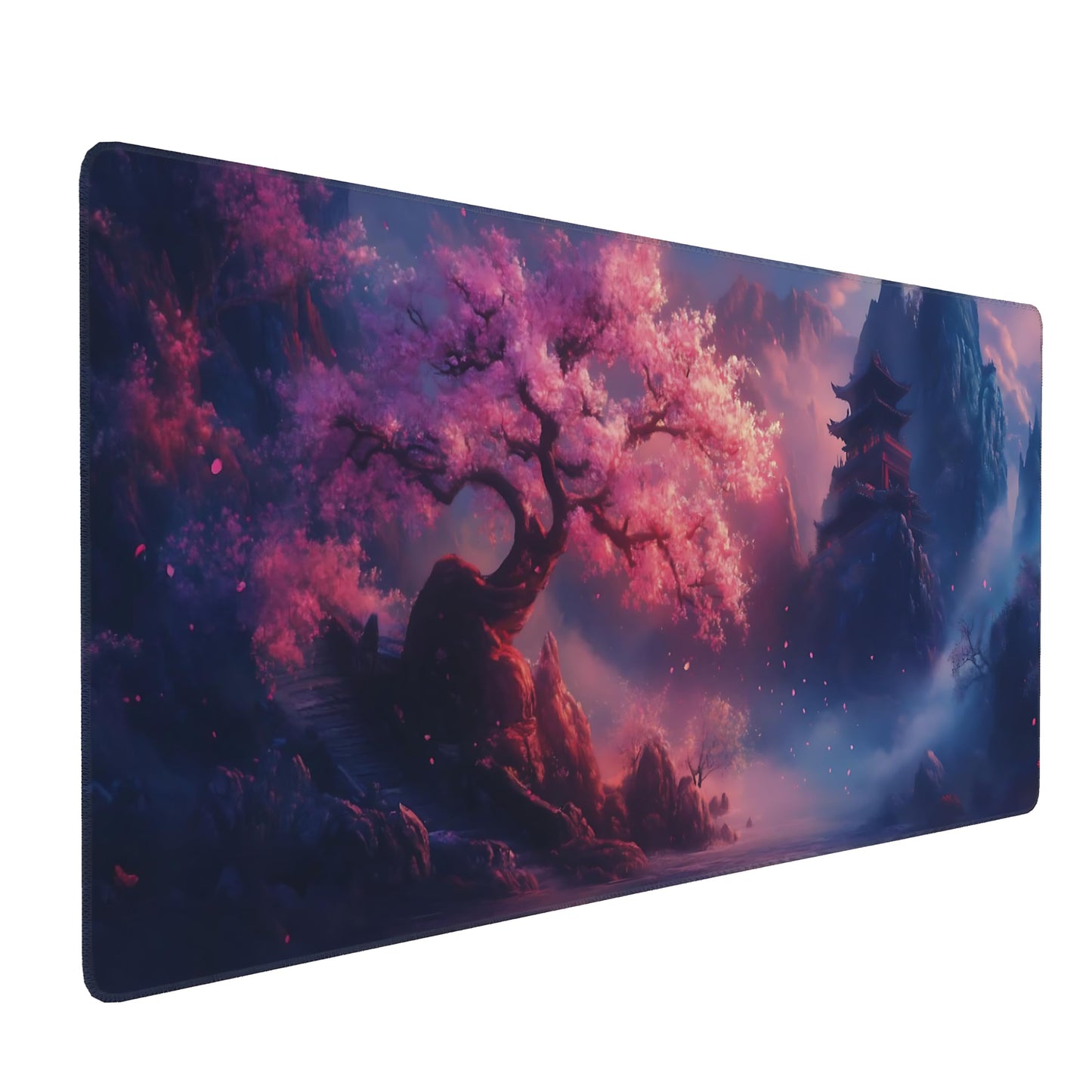 Aesthetic Scenery Gaming Mouse Pad, Blue Pink Japanese Desk Mat with Anti-Slip Base & Stitched