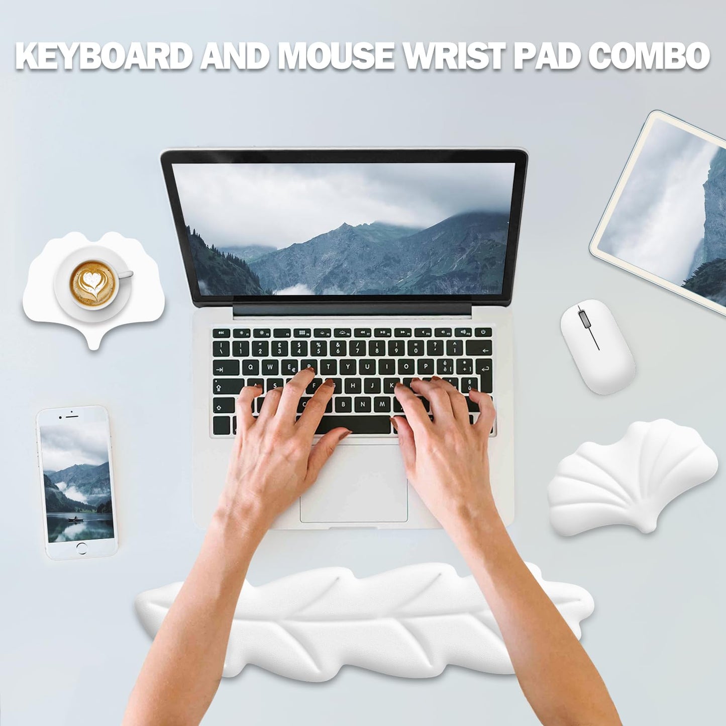 Lauspuck Keyboard Wrist Rest Pad Set, Leaf Shape PU Leather Memory Foam Wrist Cushion Support,Mouse