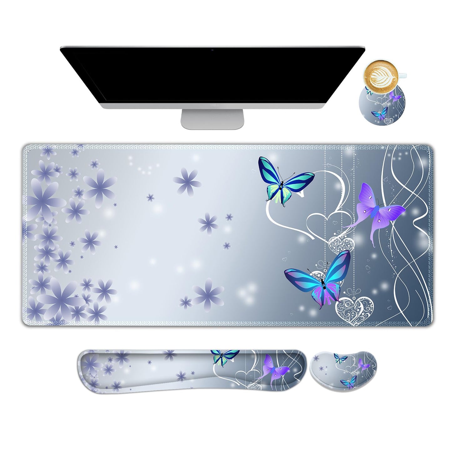 Cute Butterfly Desk Mat, Florals 4 in1 Large Gaming Mouse Pad Set, Ergonomics Keyboard Pad with