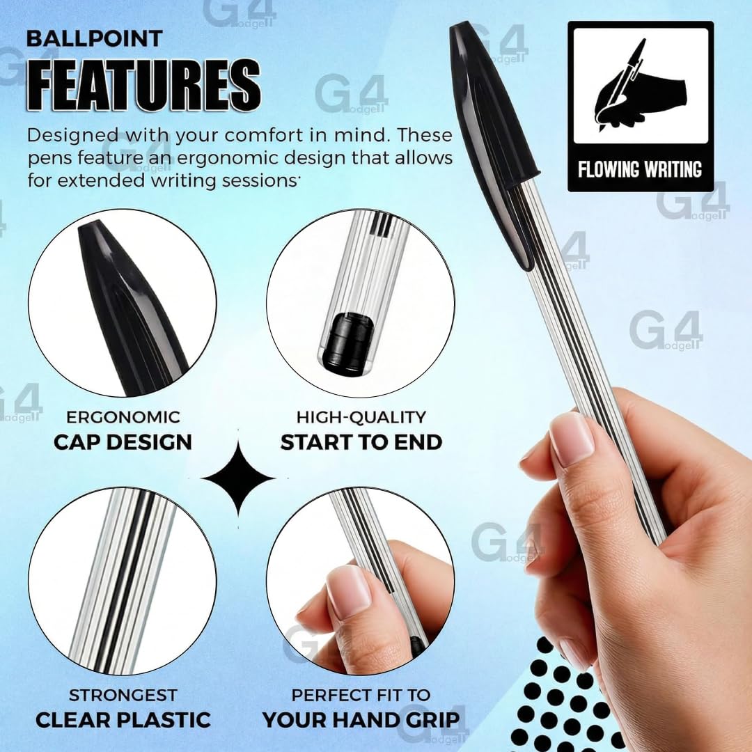 G4GADGET Premium Pack of 10 Black Biro Ballpoint Pens - Medium Tip for Fluent, Smooth Writing