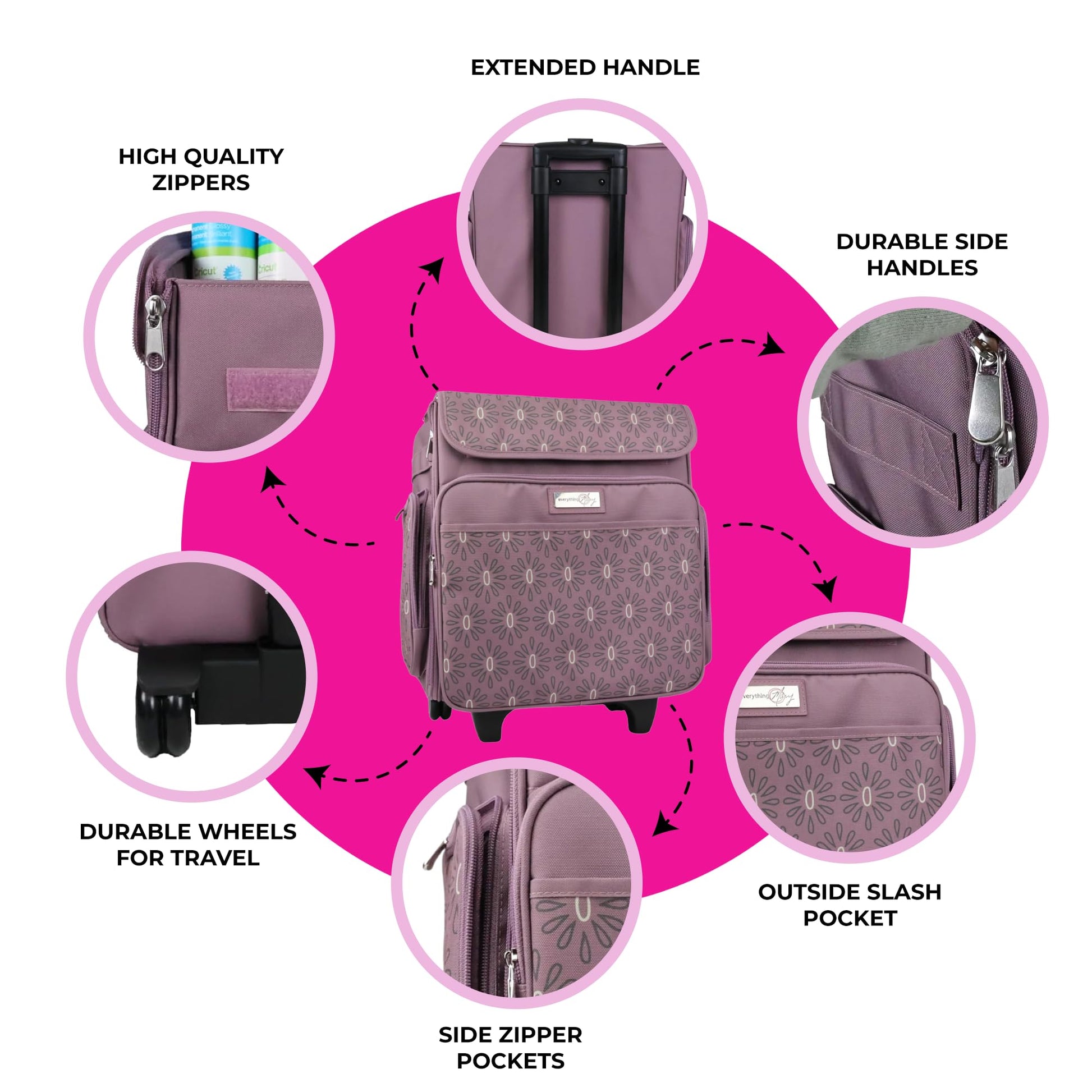 Everything Mary Rolling Scrapbook Tote – Purple Pattern Spacious Craft Storage with Multiple