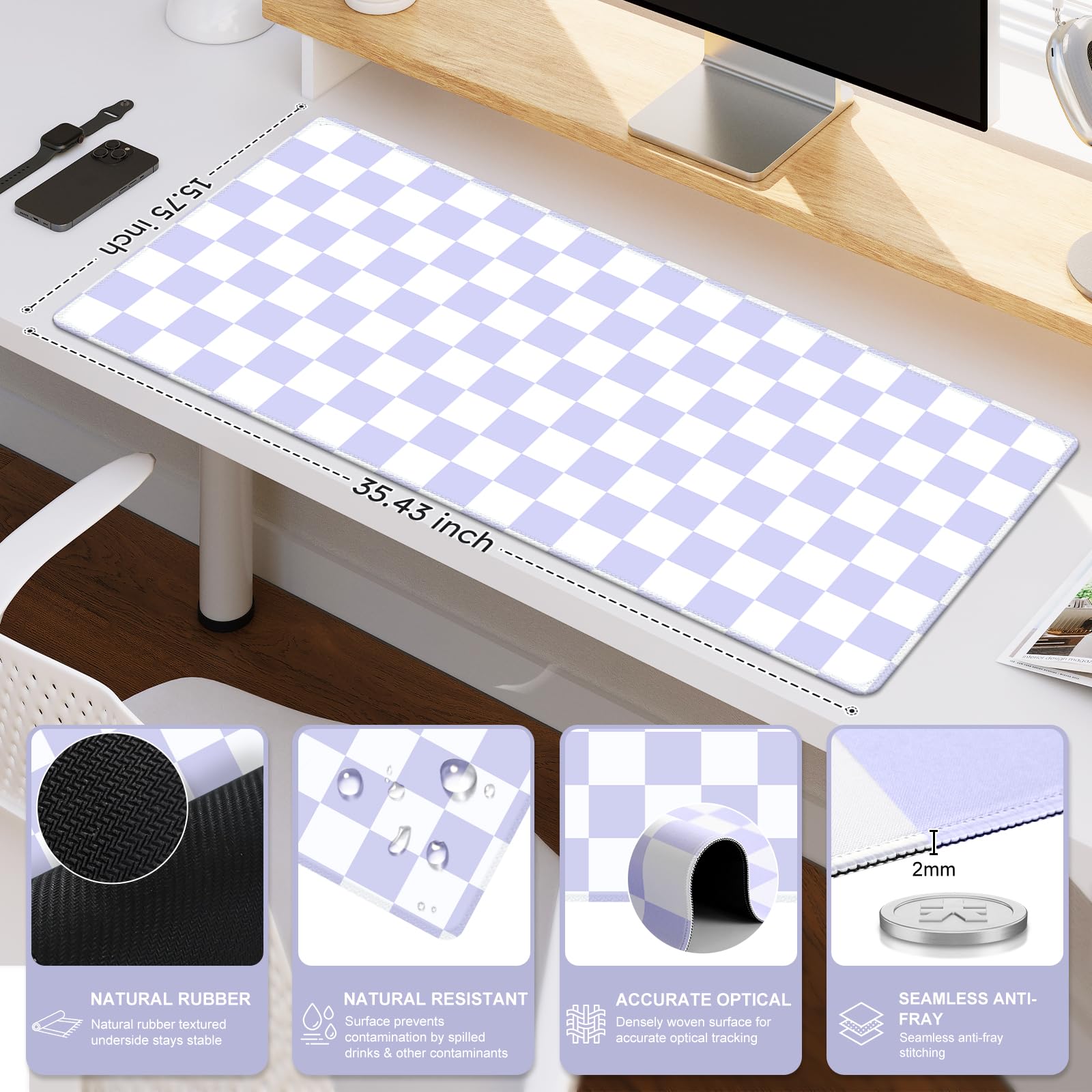 iCasso Desk Pad Mat, Cute Desk Matt for Desktop, Purple Checkered