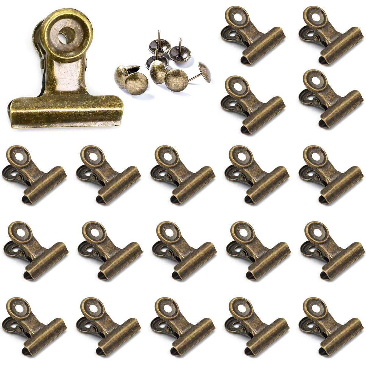 YUCHIYA 20 Pack Metal Clips with 20 Push-pins for Corkboard,Bulldog Clips for Hanging