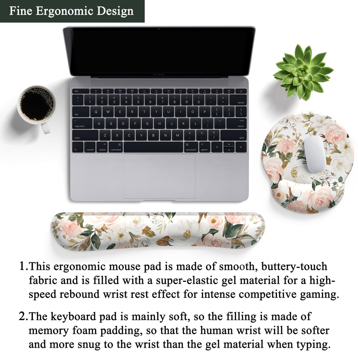 Pink Flower Desktop Mat Aesthetic Wrist Support Keyboard Mouse Wrist Rest Set, Computer Office