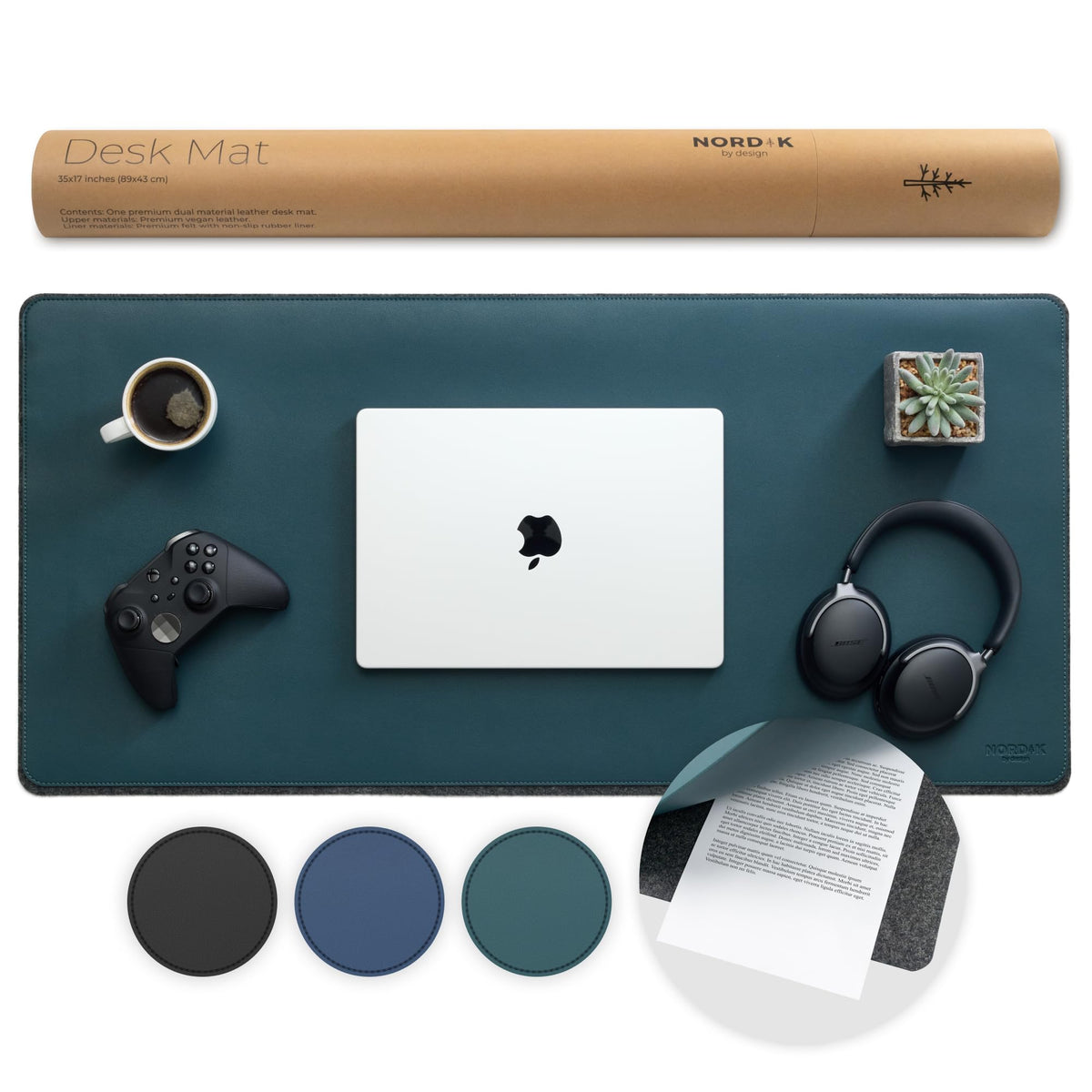 Nordik Felt and Leather Desk Mat - Dual Layer Deep Green 35 x 17 in