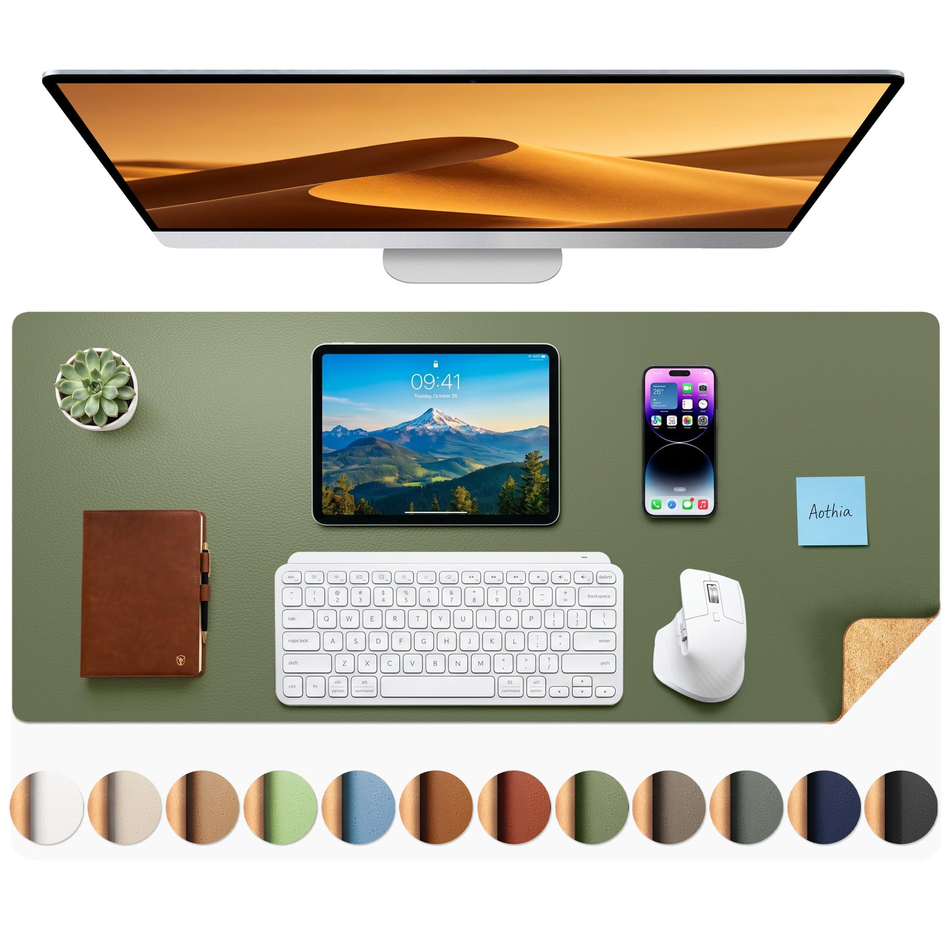 Aothia Dual-Sided Desk Mat - Natural Cork & Leather Desk Protector, Large Mouse Pad & Writing Pad
