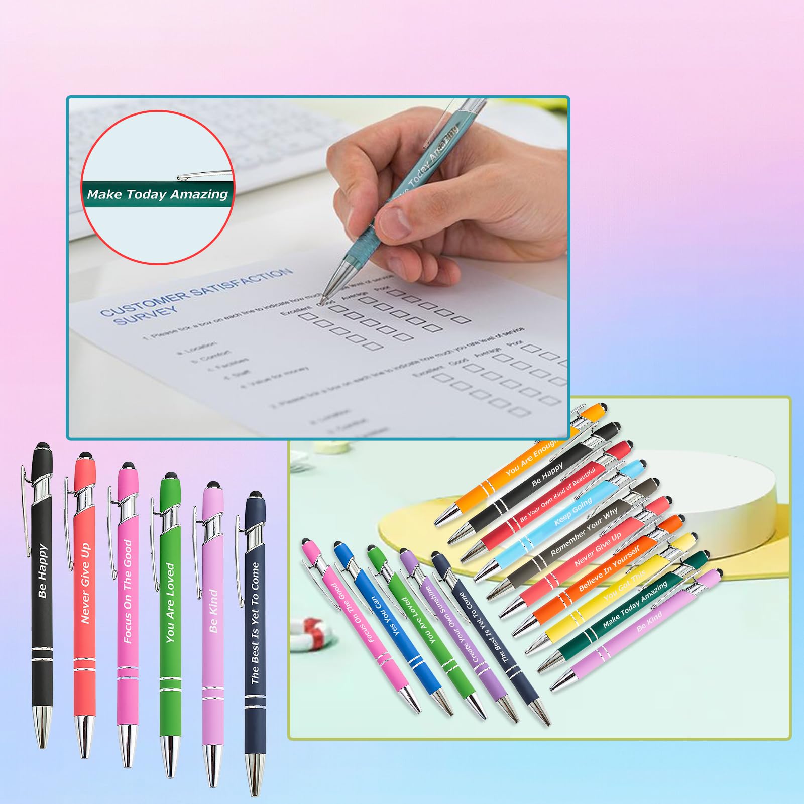 LUAVIARU 100 Piece Inspirational Pens Kit with Stylus Tip & Sayings – 50 Motivational Pen + 50