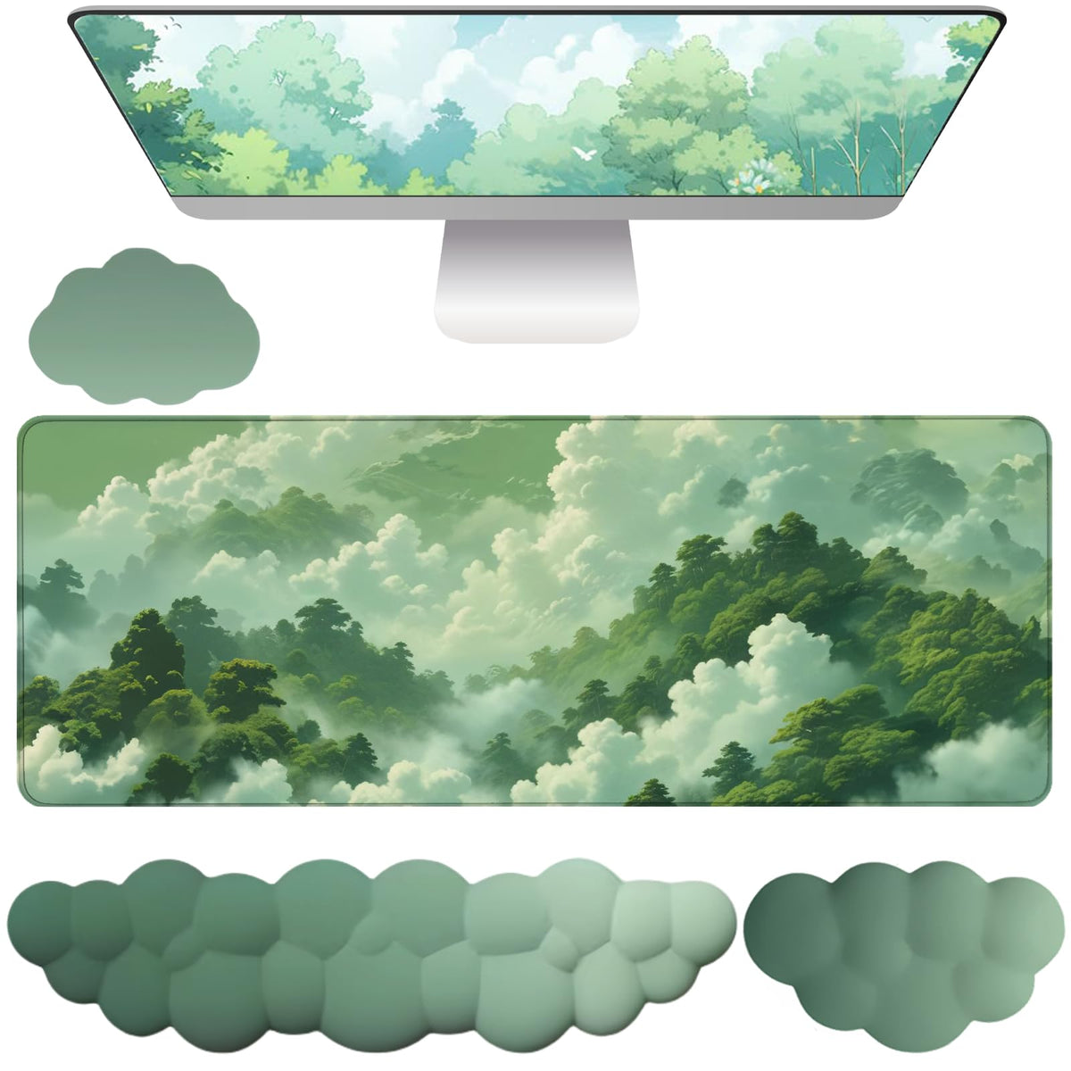 Green Cloud Mouse Pad and Keyboard Wrist Rest 4PCS Extended Forest Mountain Aesthetic Large Desk