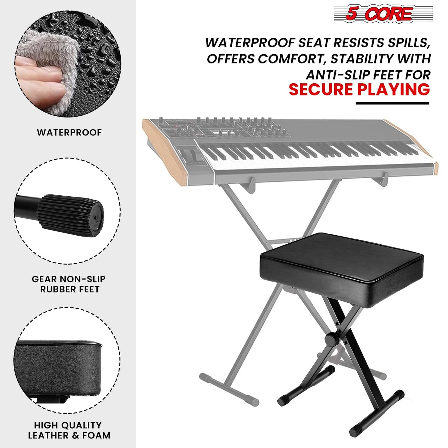 5 CORE Keyboard Bench 3 Inch Padded Cushion Adjustable 14.5" to 20.5" Piano Stool Heavy Duty