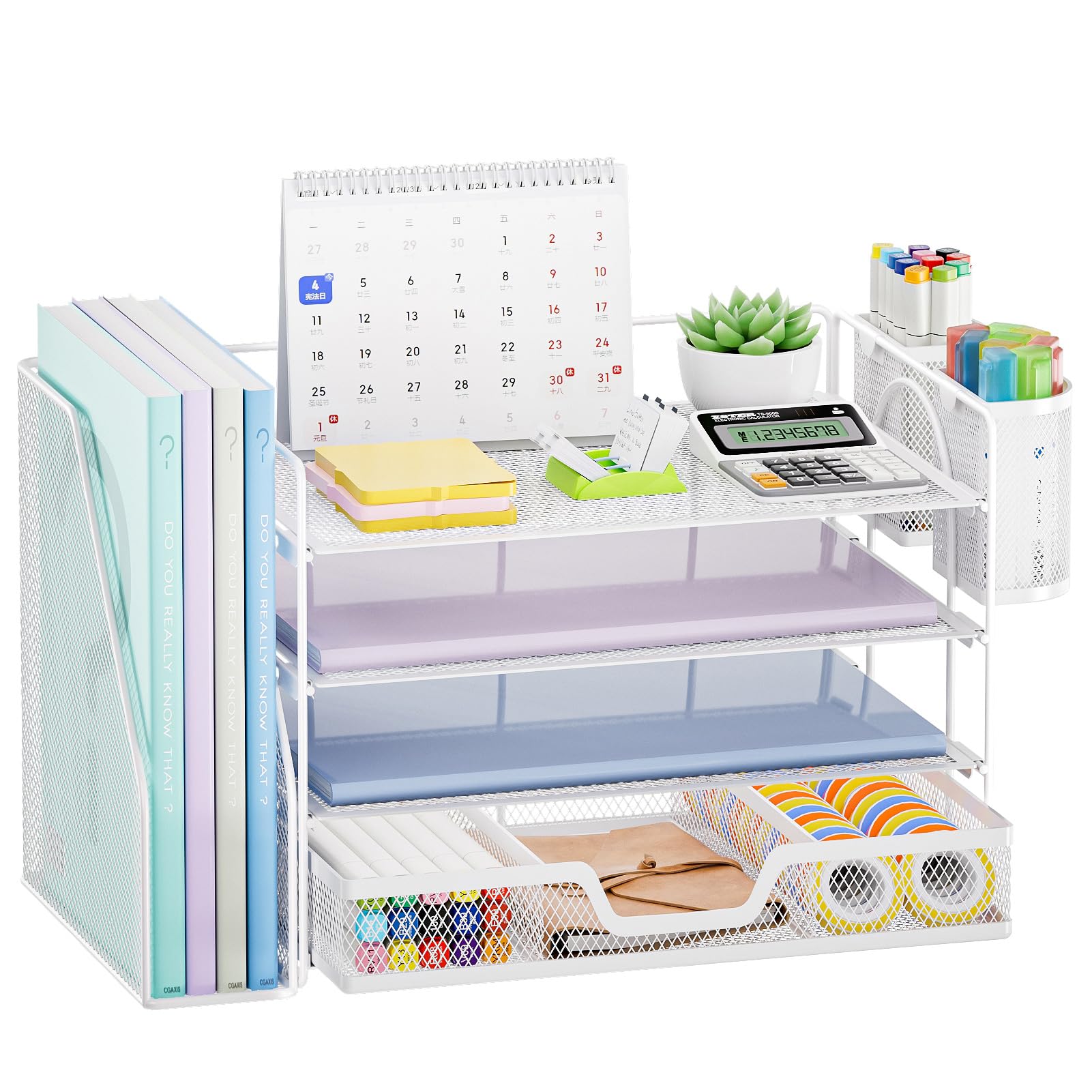Marbrasse 4-Tier Paper Tray Organizer with Drawer and Pen Holder, White