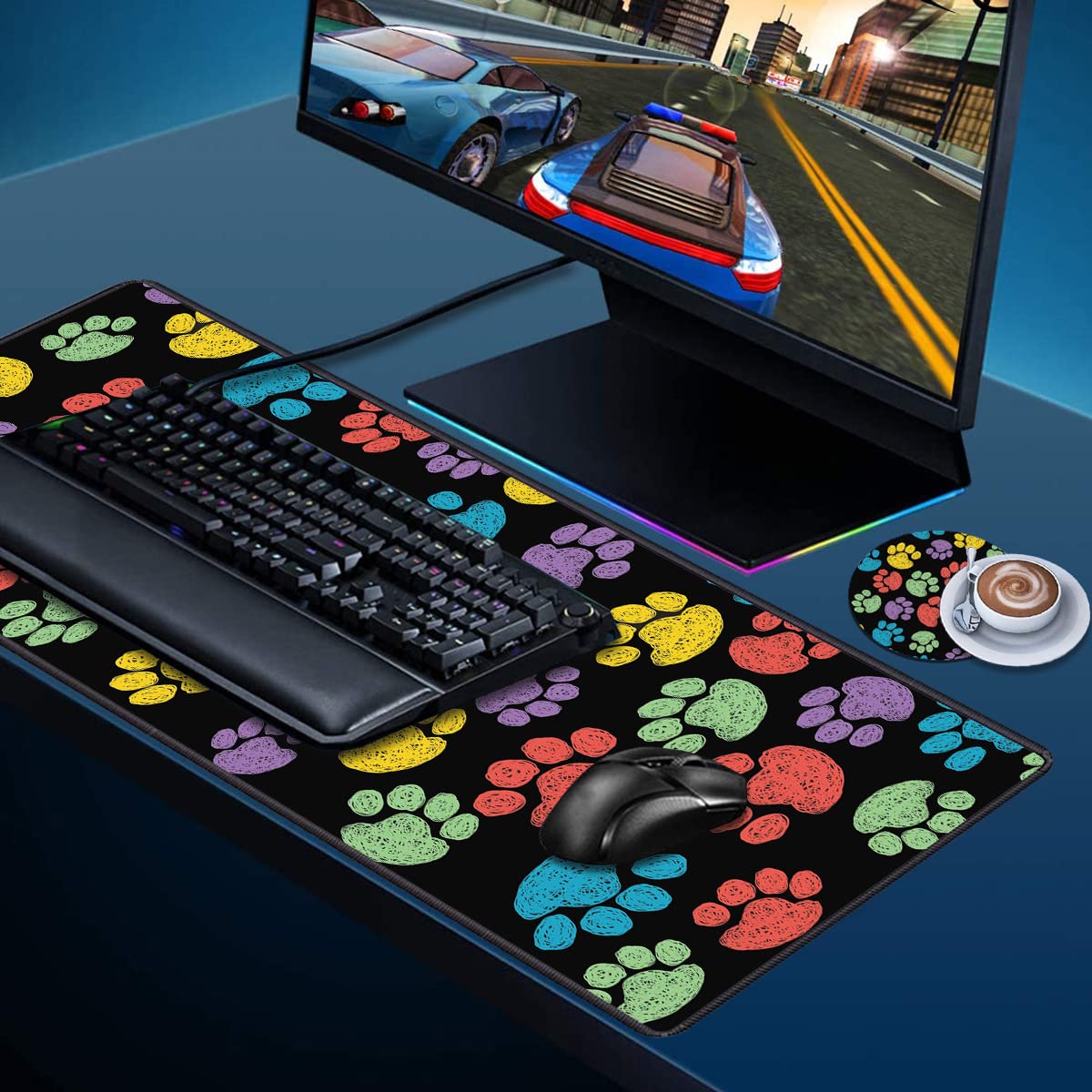 Desk Pad Mat Gaming Mouse Pads with Coasters, 31.5"x 11.8" XXL Large Computer Keyboard Mouse Mat