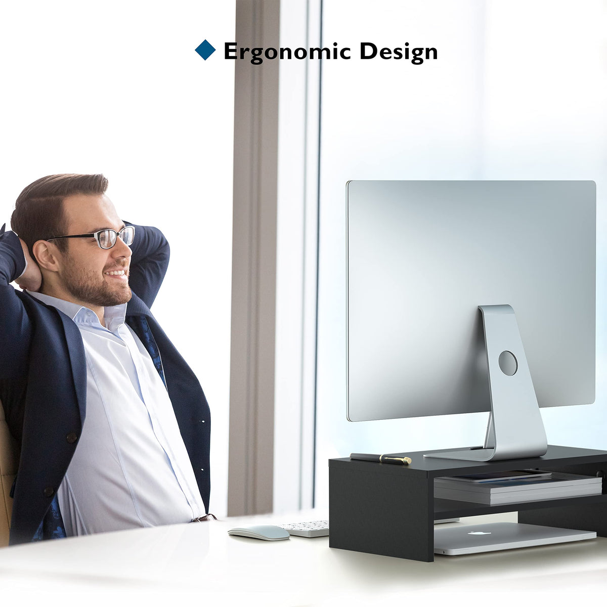 BONTEC Wooden Monitor Stand Riser, 2-Tier Desk Shelf with Storage Organizer, Ergonomic Computer