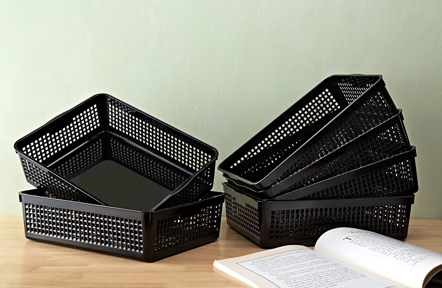 Eslite A4 Size Plastic Storage Basket,Desktop File Paper Letter Organizer Tray, 6-Packs (Black)