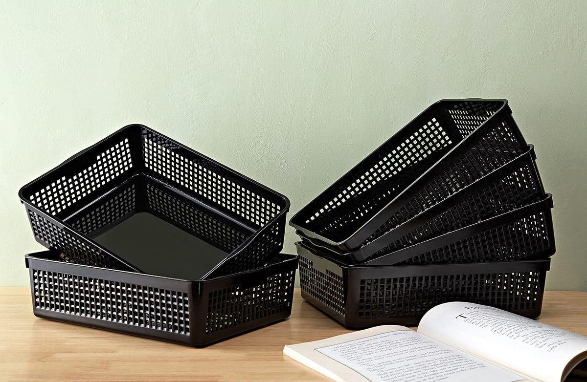 Eslite A4 Size Plastic Storage Basket,Desktop File Paper Letter Organizer Tray, 6-Packs (Black)