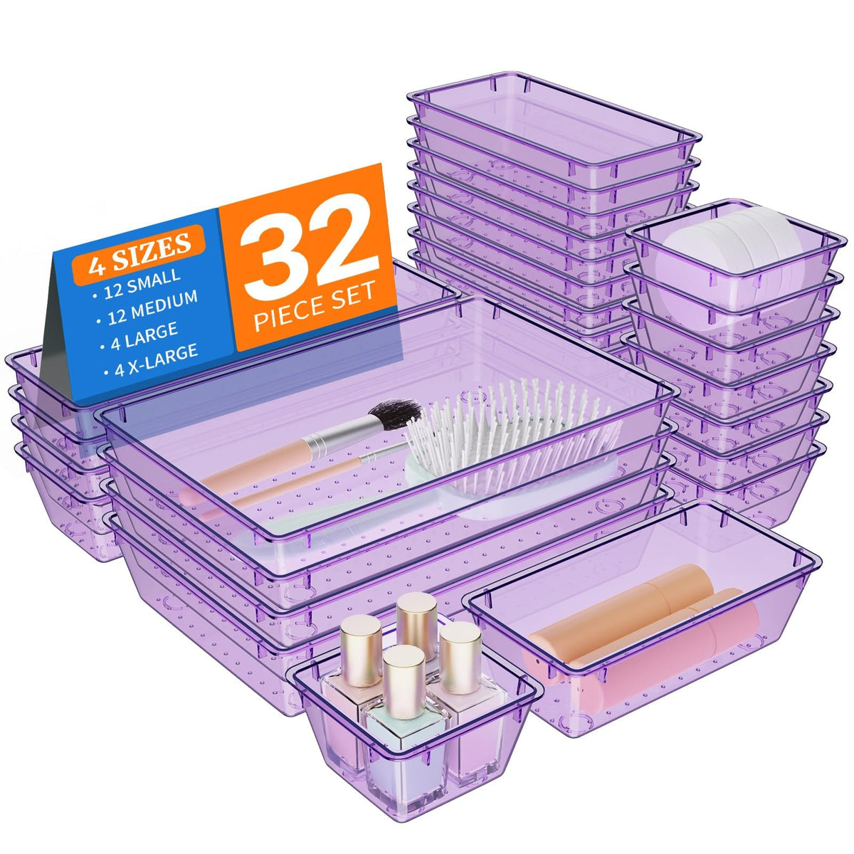 32 PCS Clear Plastic Drawer Organizer Set, organizer Trays and Storage Bins