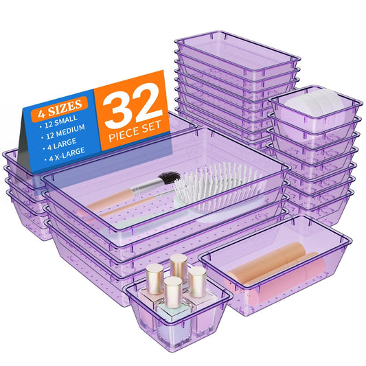 32 PCS Clear Plastic Drawer Organizer Set, organizer Trays and Storage Bins