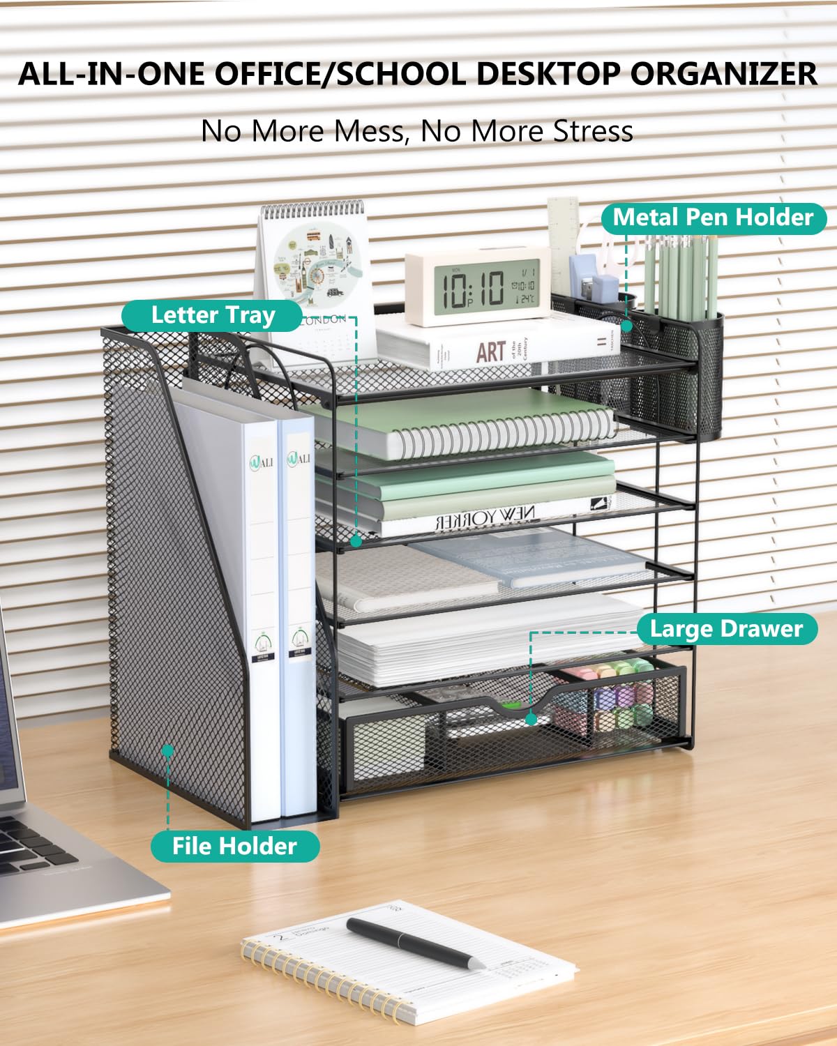 WALI Desk File Organizer, 6 Tier Desktop Paper Letter Tray Organizer with Drawer and 2 Pen Holders