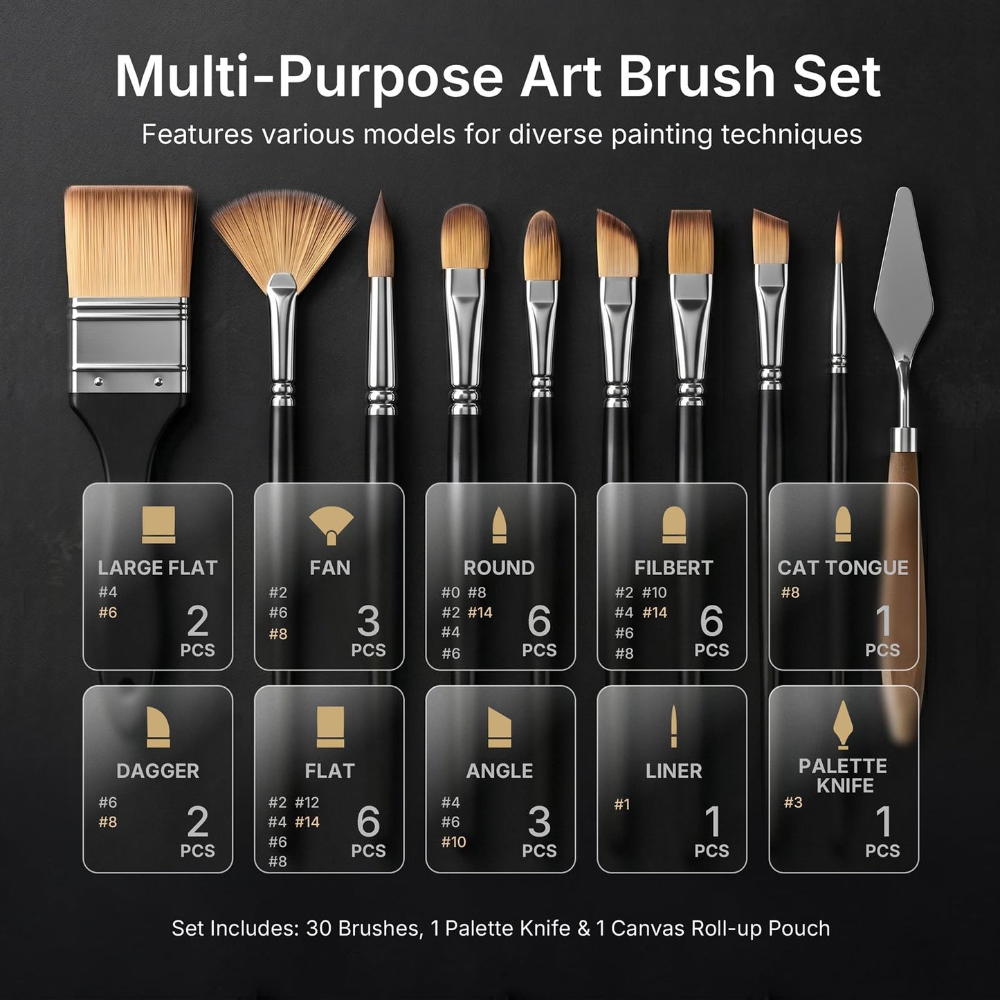 Nicpro 30pcs Paint Brush Set, Professional Paintbrushes with Paint Spatula and Cloth Roll, Craft