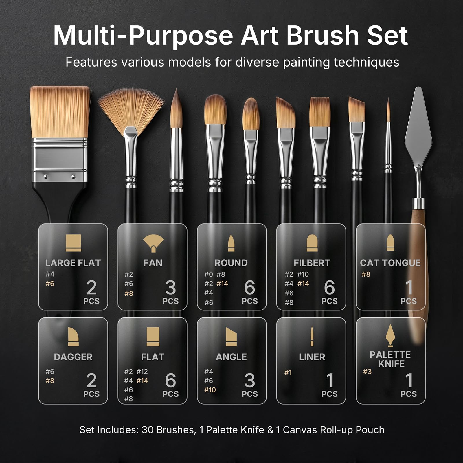 Nicpro 30pcs Paint Brush Set, Professional Paintbrushes with Paint Spatula and Cloth Roll, Craft