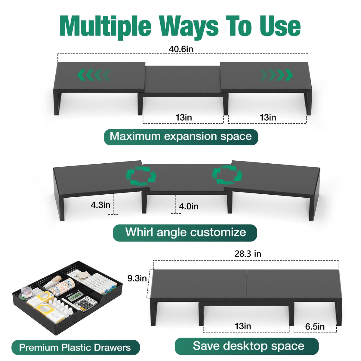 OPNICE Dual Computer Monitor Stand Riser, Desk Organizer with Drawer, Office Desk Accessories &