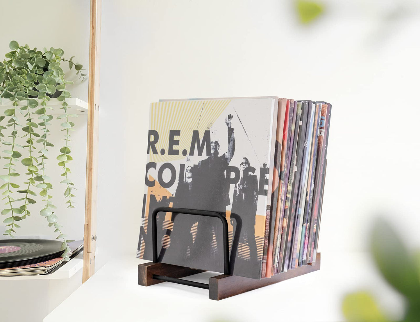 Mkono Vinyl Record Storage Holder Modern Album Display Solid Wood Stand with Black Metal Rack