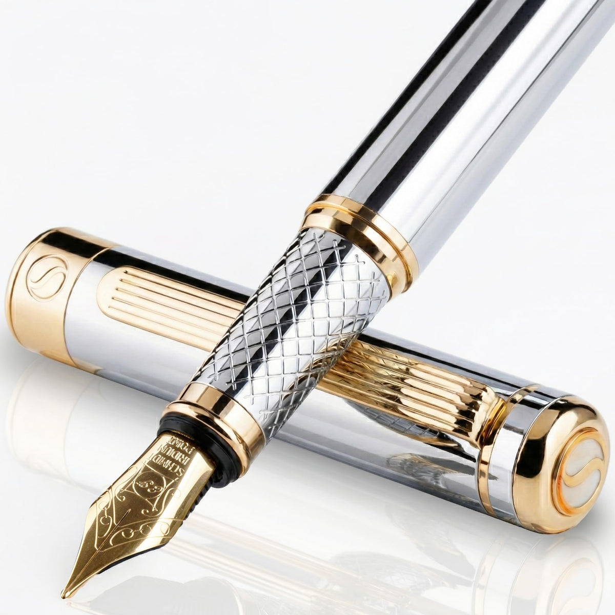 Scriveiner Silver Chrome Fountain Pen - Stunning Luxury Pen, Real Gold Finish, Schmidt Gilded Nib