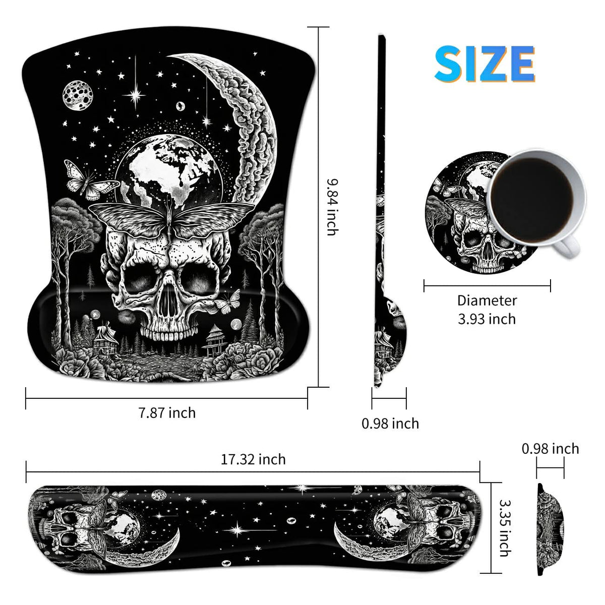 Ergonomic Memory Foam Keyboard Wrist Rest Pad Set, Skull Moon Butterfly