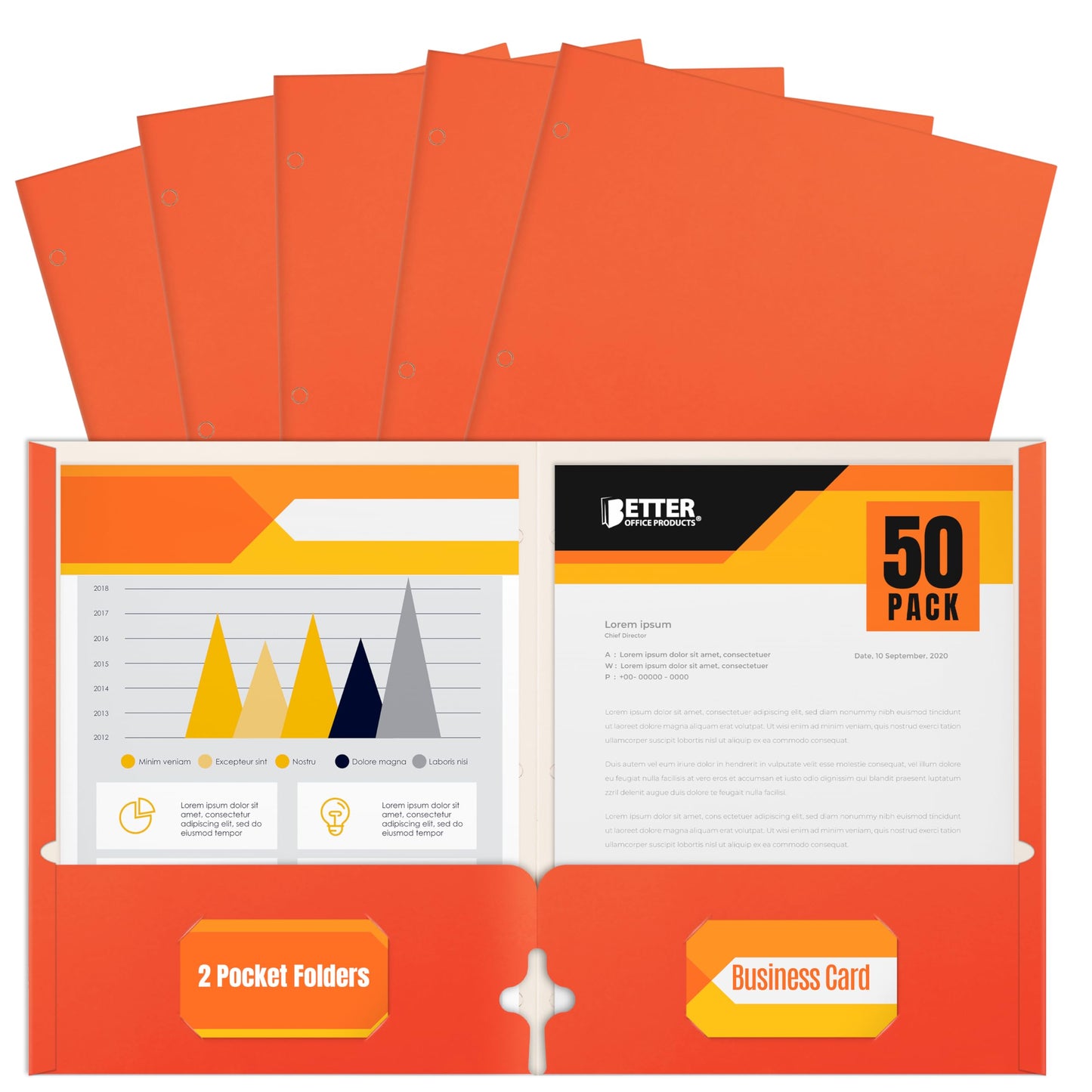 Better Office Products Two Pocket Portfolio Folders, 50-Pack, Orange, Letter Size Paper Folders, 50