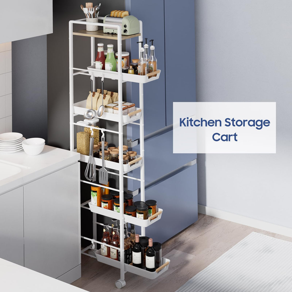 MAYBOSS 6 Tier Slim Storage Cart with Pull-Out Baskets Rolling Cart with Wheels Wood Top Narrow