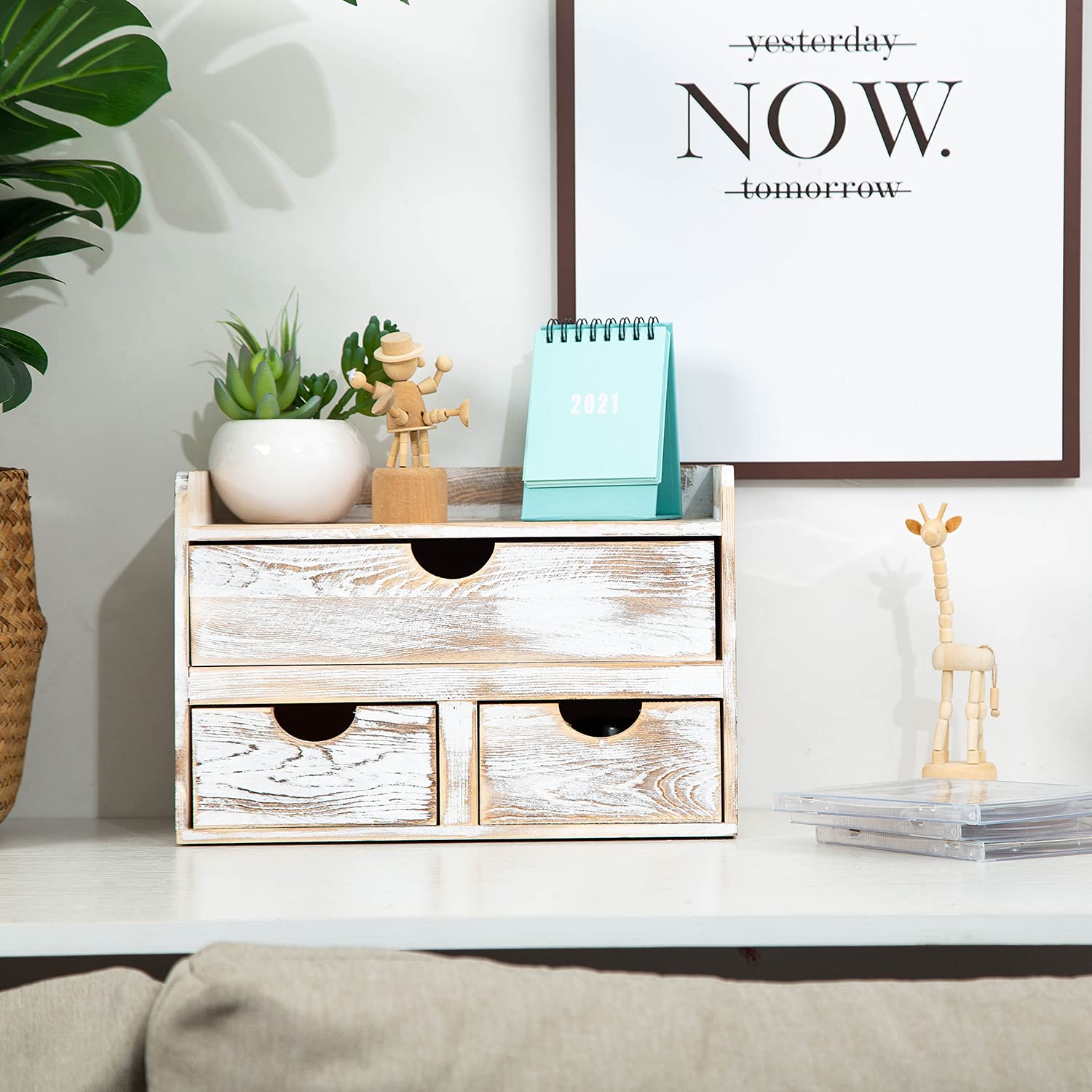 Rustic Distressed white 3-Tier Wood Desk Organizer with 3 Drawers Mini Storage Shelf For Desk