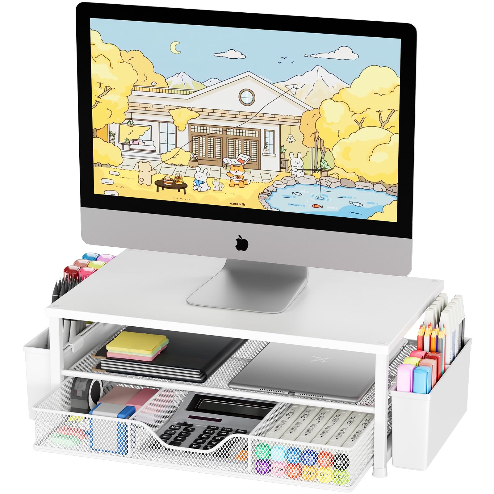 OPNICE Desk Organizers and Accessories, Computer Monitor Stand Riser with Drawer and 2 Pen Holders