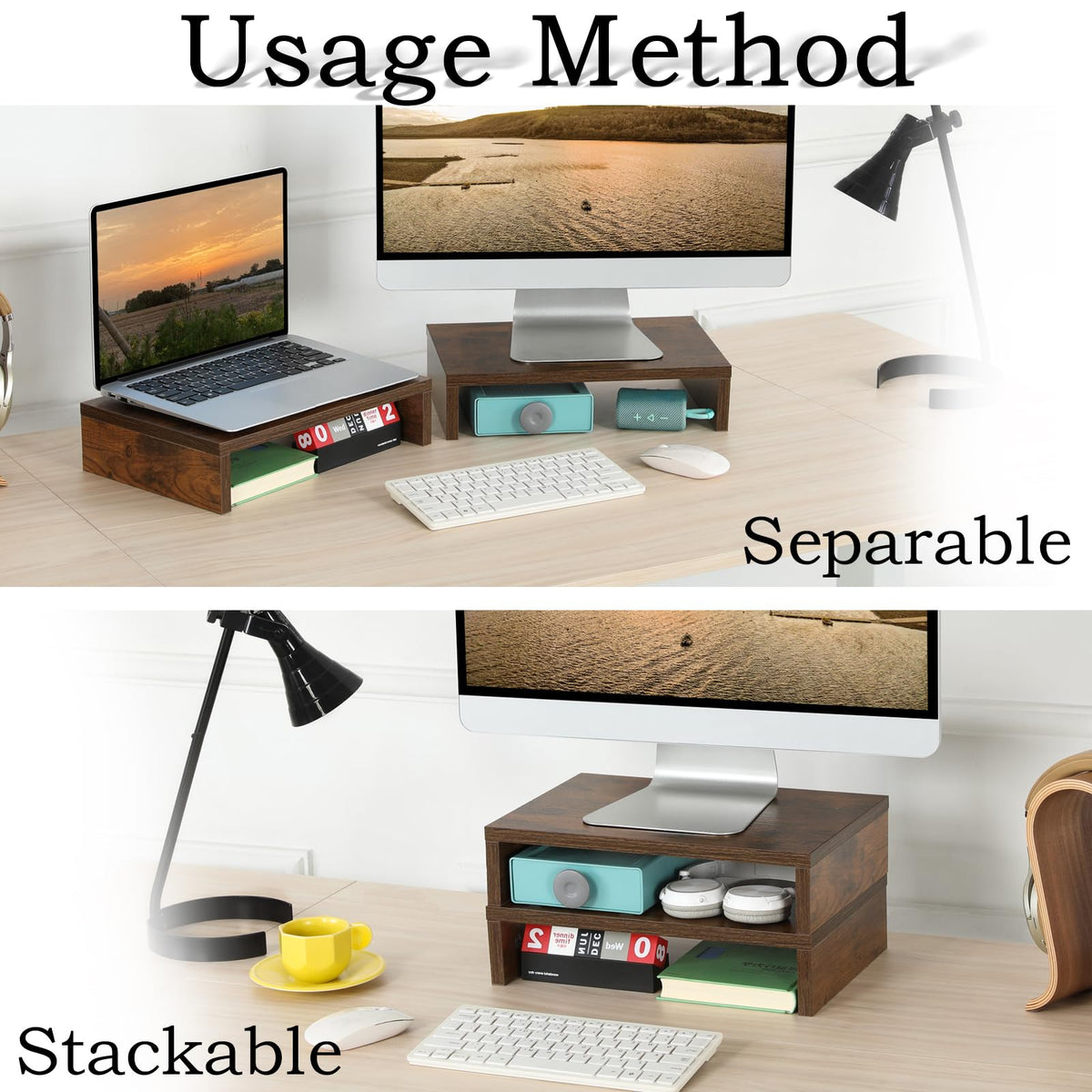 TEAMIX 2-Pack Wood Monitor Riser, Desk Stand for 2 Monitors, Rustic Brown