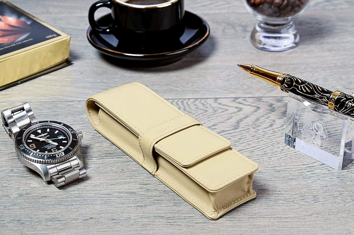 DiLoro Leather Double Pen Case Pencil Pouch Holder for Two Fountain Ballpoint Rollerball Pens and