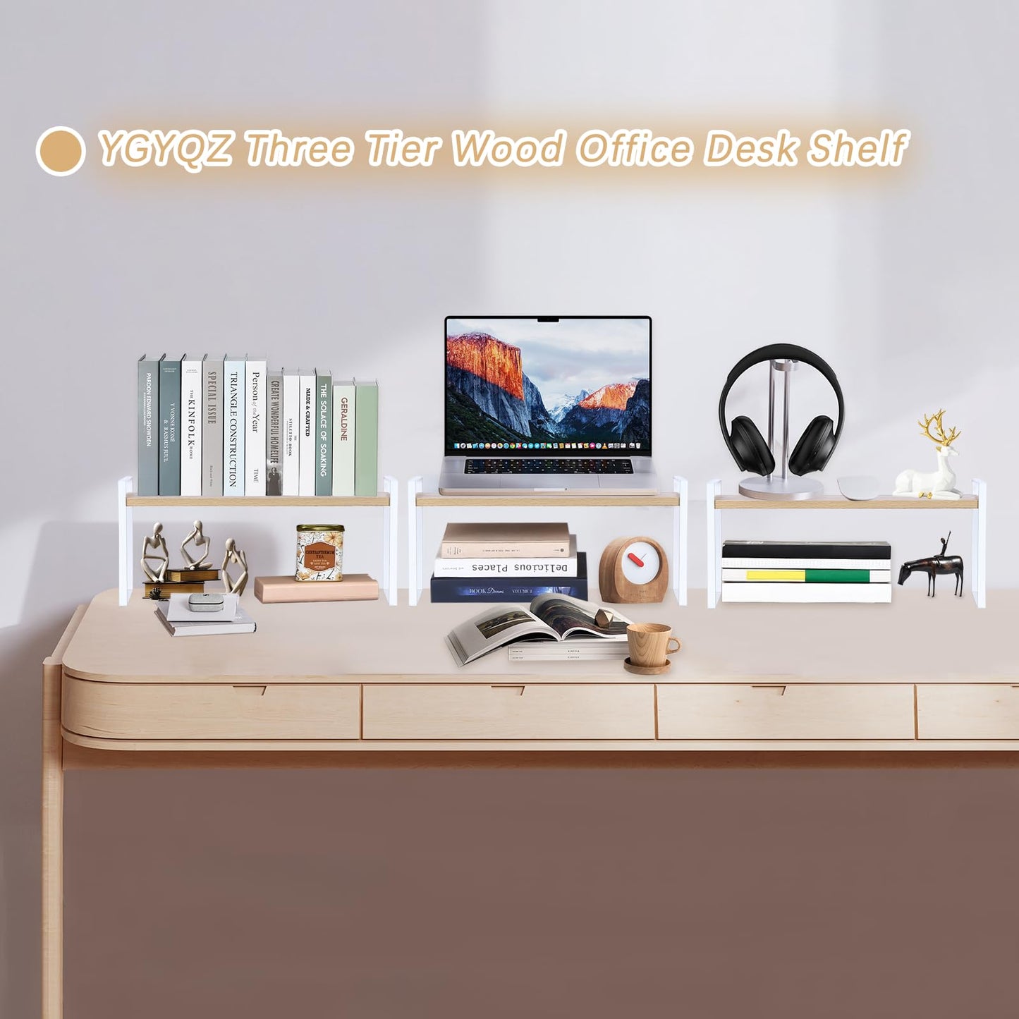 YGYQZ Desk Shelf Organizer for Top of Desk, 3-Tier Desktop Bookshelf, White & Wood