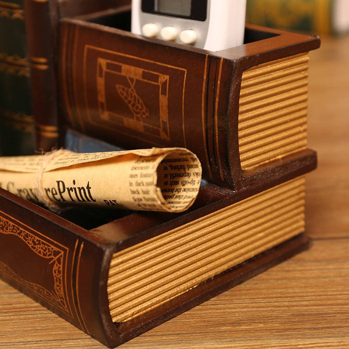 Tosnail Decorative Pen Holder with Storage Compartment, Wooden Pencil Holder and Organizer, Antique
