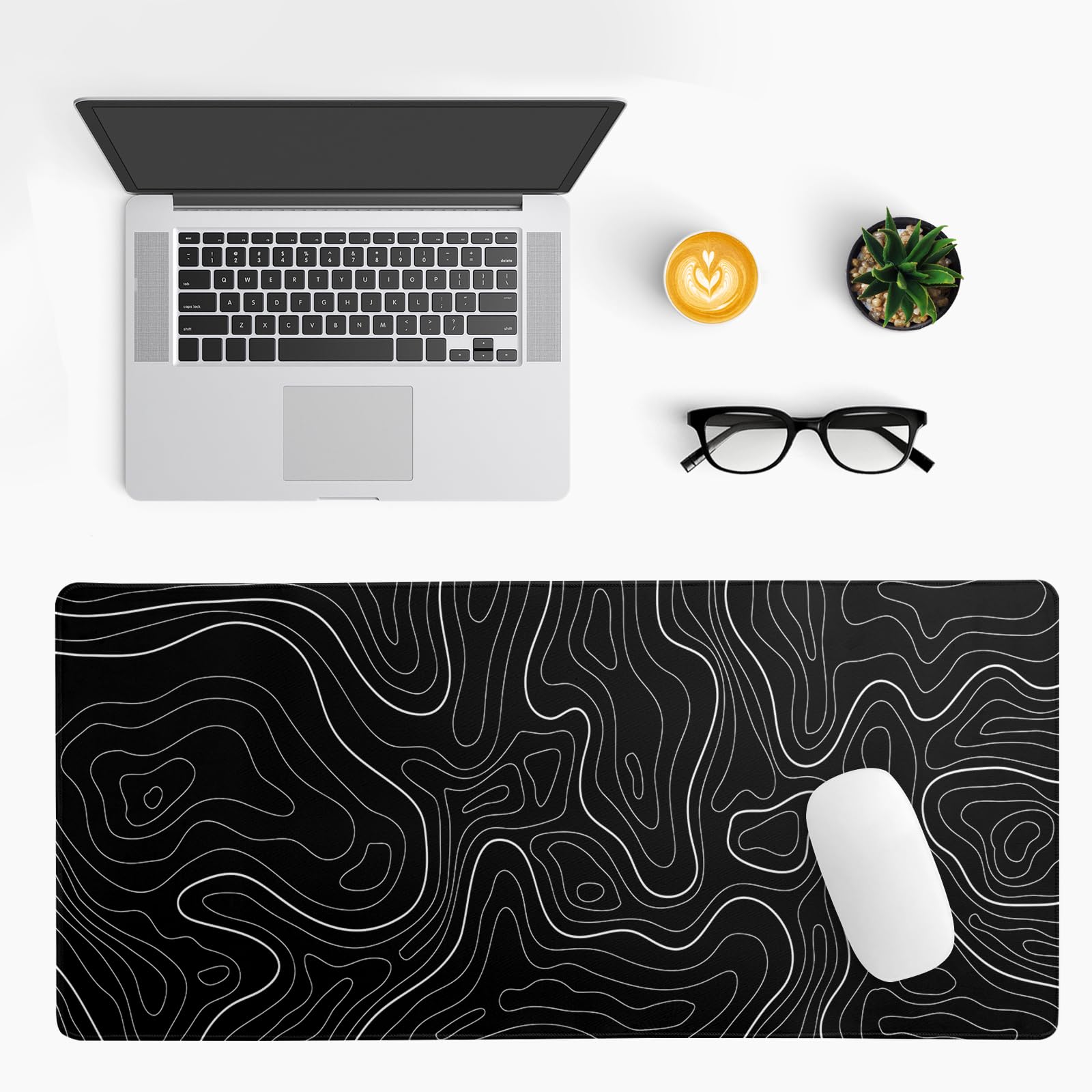 Topographic Contour Black Gaming Mouse Pad XL Geographic Map Lines Extended Big Large Desk Mat