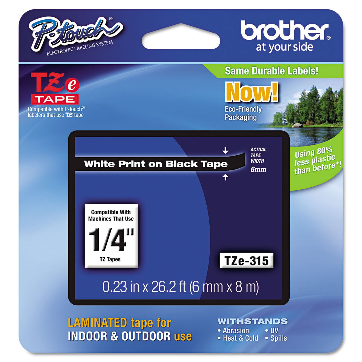 Brother Genuine P-Touch TZE-315 Tape, 1/4" (0.23") Wide Standard Laminated Tape, White on Black