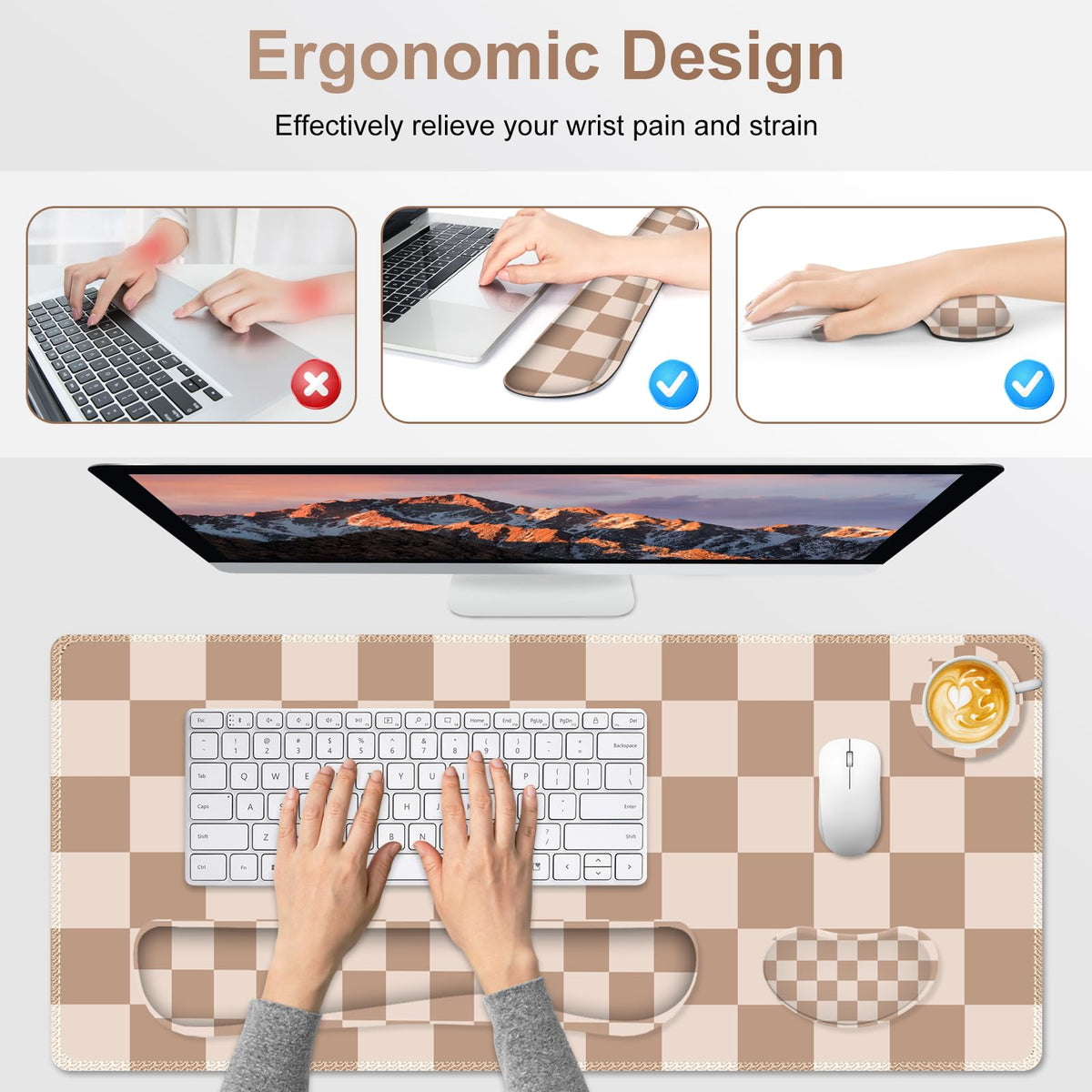 Beige Khaki Checkered Mouse Pad Set, 4 in1 Large Gaming Ergonomics Keyboard Desk Mat with Memory