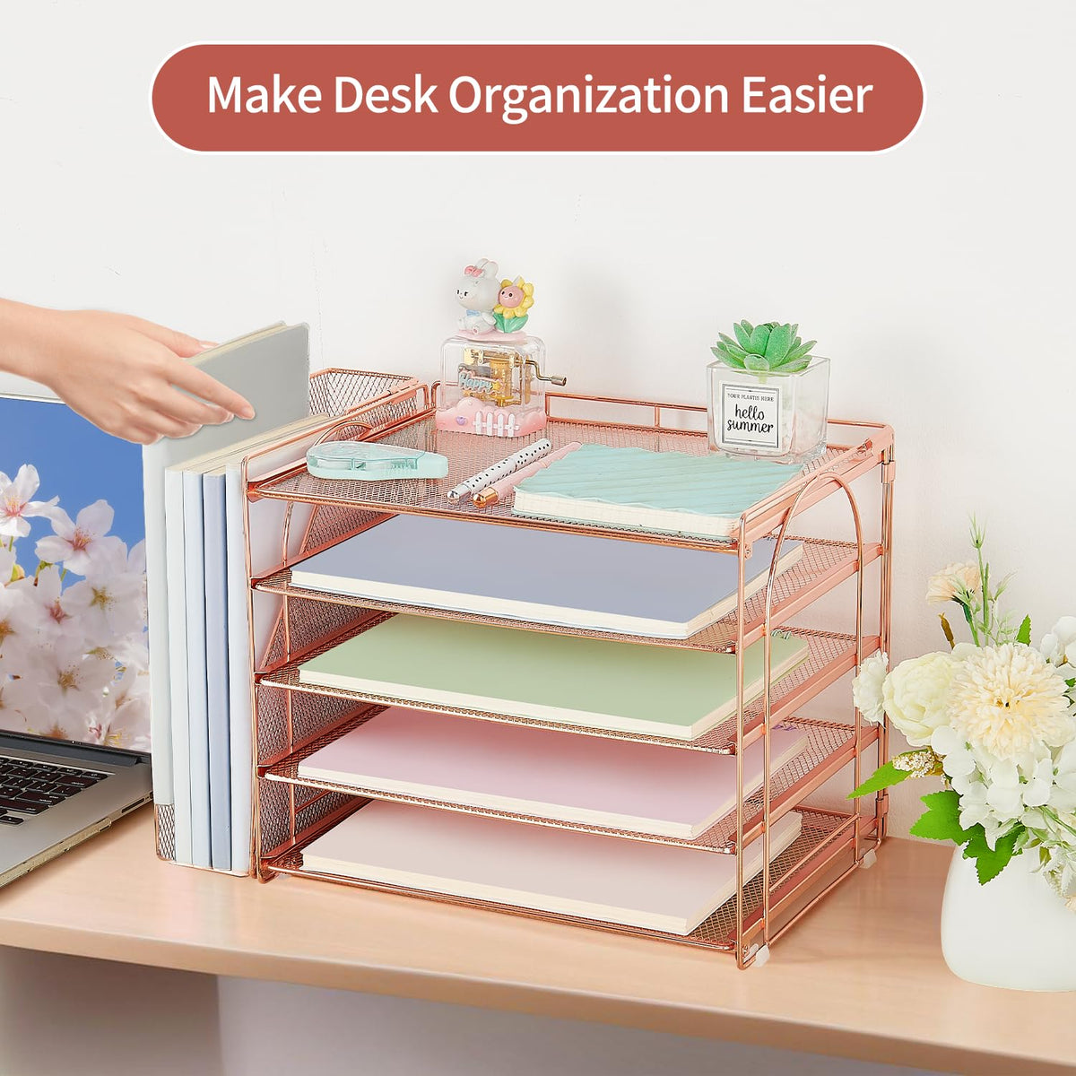 AUPSEN Rose Gold Desk Organizers and Accessories, 5-Tier Desktop Paper File Organizer with