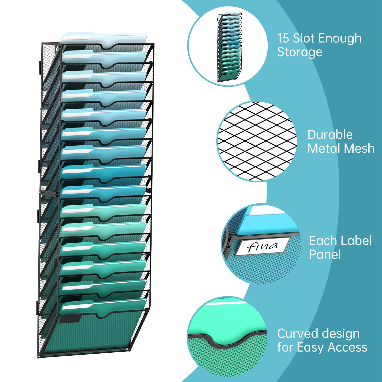 15-Tier Wall File Organizer, Hanging File Holder, Wall Mounted Mail Sorter