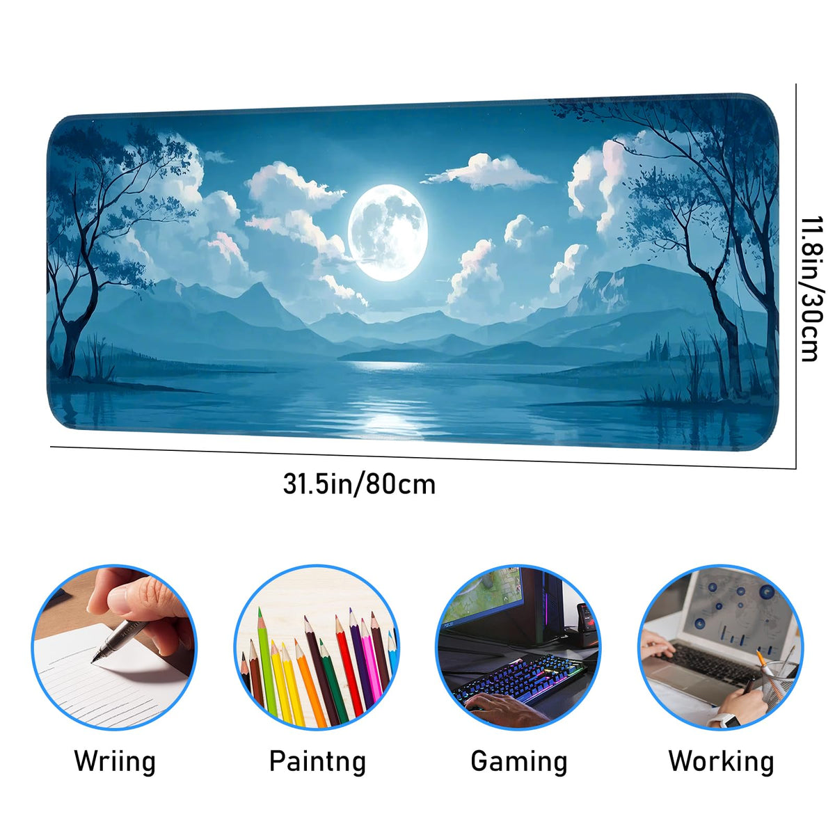 Opiuoezi Mouse Pad, Moon Pattern, Non-Slip Rubber Base Gaming Mouse Pad for Home, Office, Gaming