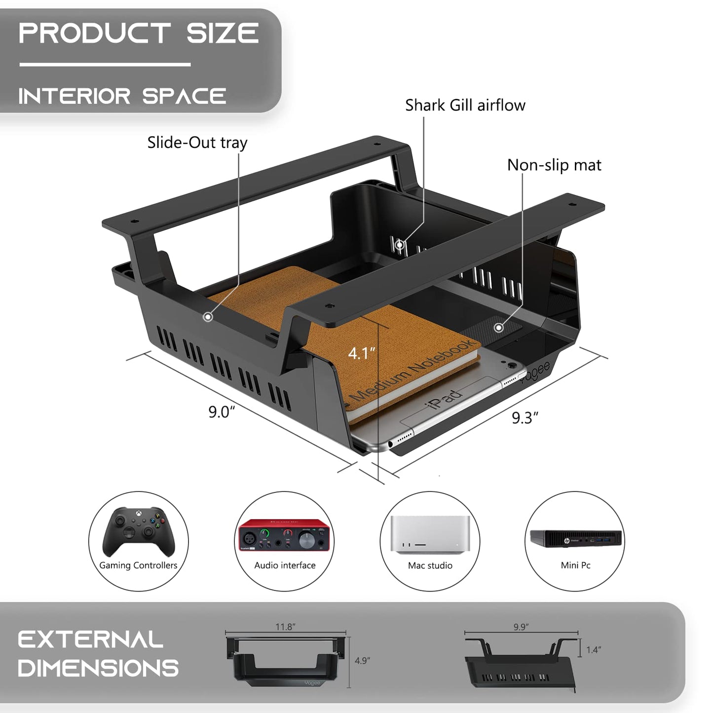 YaGee Under Desk Shelf, 2 Pack, Self-Adhesive Device Storage, Great Desktop Organizer Drawer for